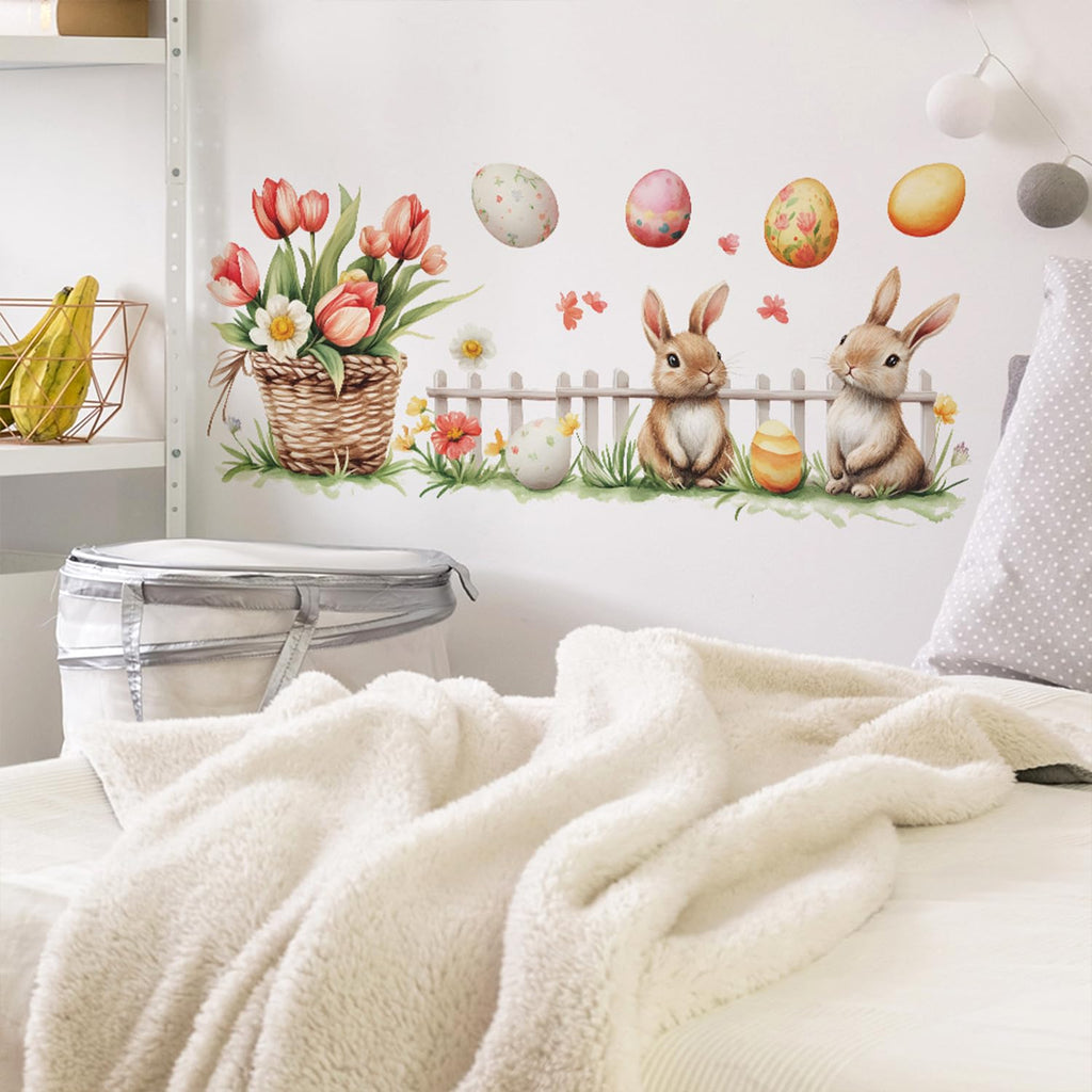 Generic Easter Wall Stickers: Rabbit Easter Eggs & Flowers Design, Multicolor, PVC (additional view 1)