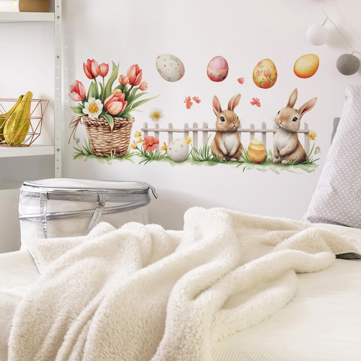 Generic Easter Wall Stickers: Rabbit Easter Eggs & Flowers Design, Multicolor, PVC (additional view 1)
