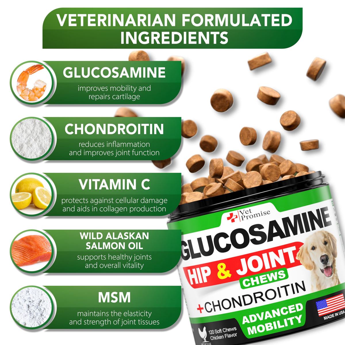 Vet Promise Glucosamine for Dogs - Hip and Joint Supplement for Dogs, Chondroitin & MSM (MN)