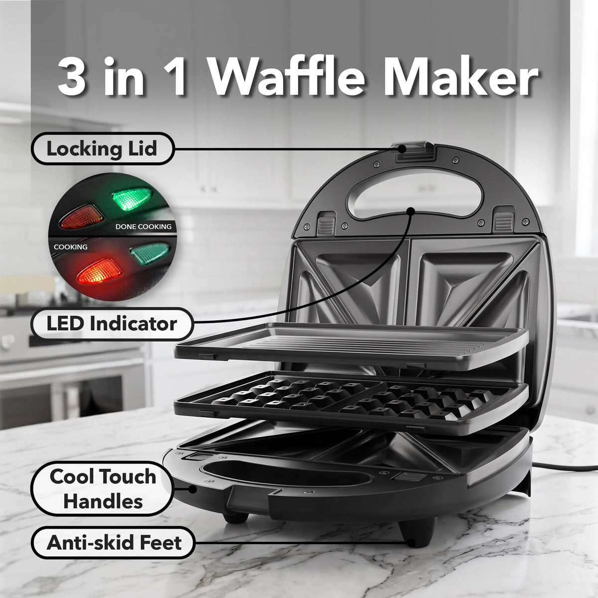 OVENTE Electric Sandwich, Panini and Waffle Maker Set, Black GPI202B (additional view 2)