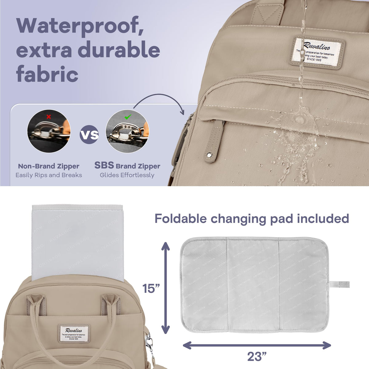 RUVALINO Baby Diaper Bag Backpack with Changing Pad, Waterproof, Clay (168)