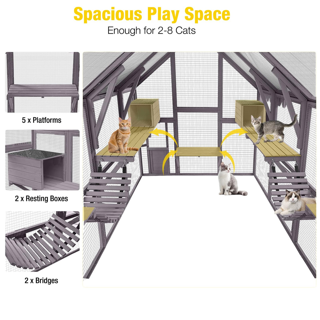 Aivituvin Catio for Multiple Cats, Large 56.54ft² Outdoor Enclosure, Weatherproof w/ 2 Bridges, 7 Trails, 2 Houses, –