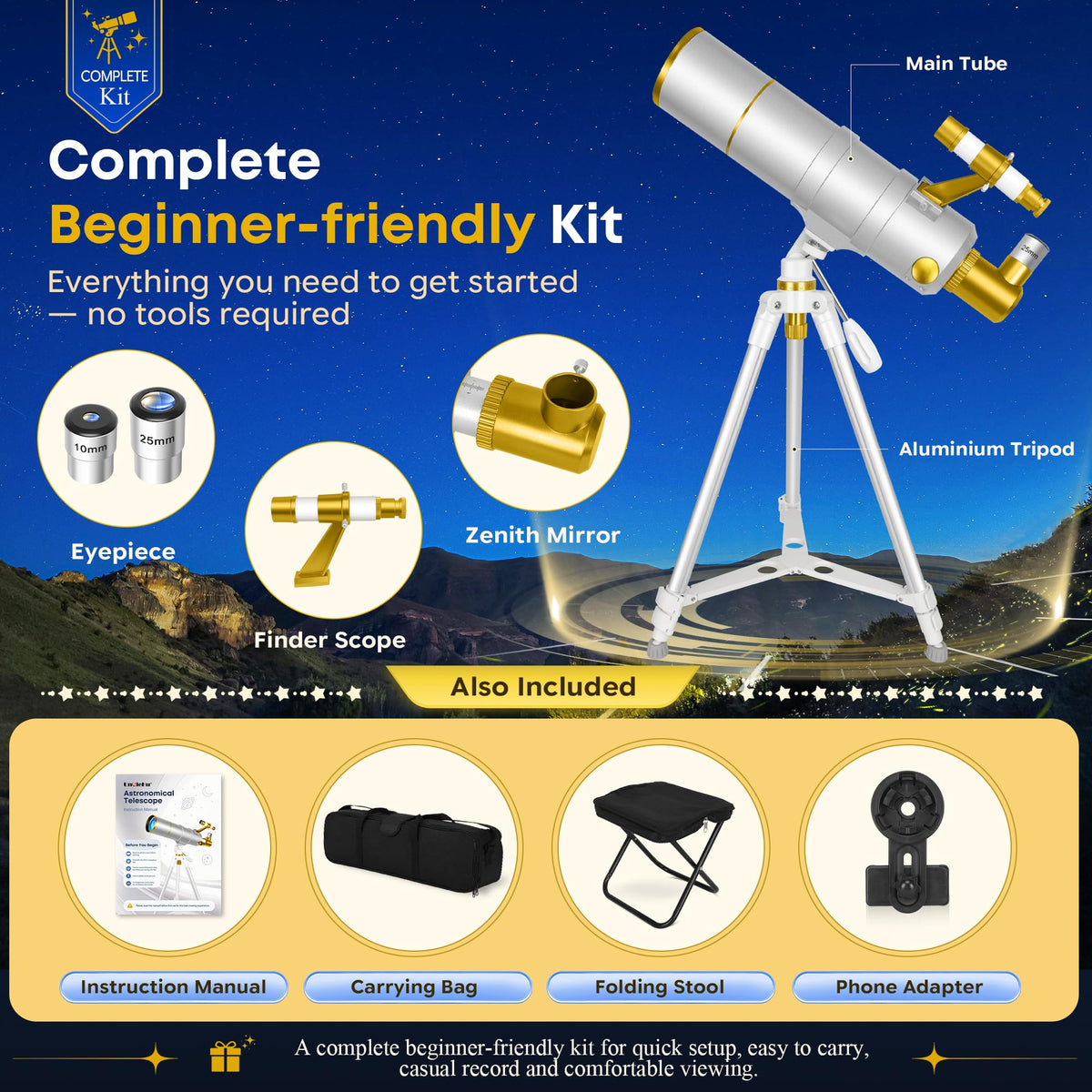 UncleHu 90mm Aperture 600mm Telescope for Adults Astronomy &Kids with Stool (additional view 3)