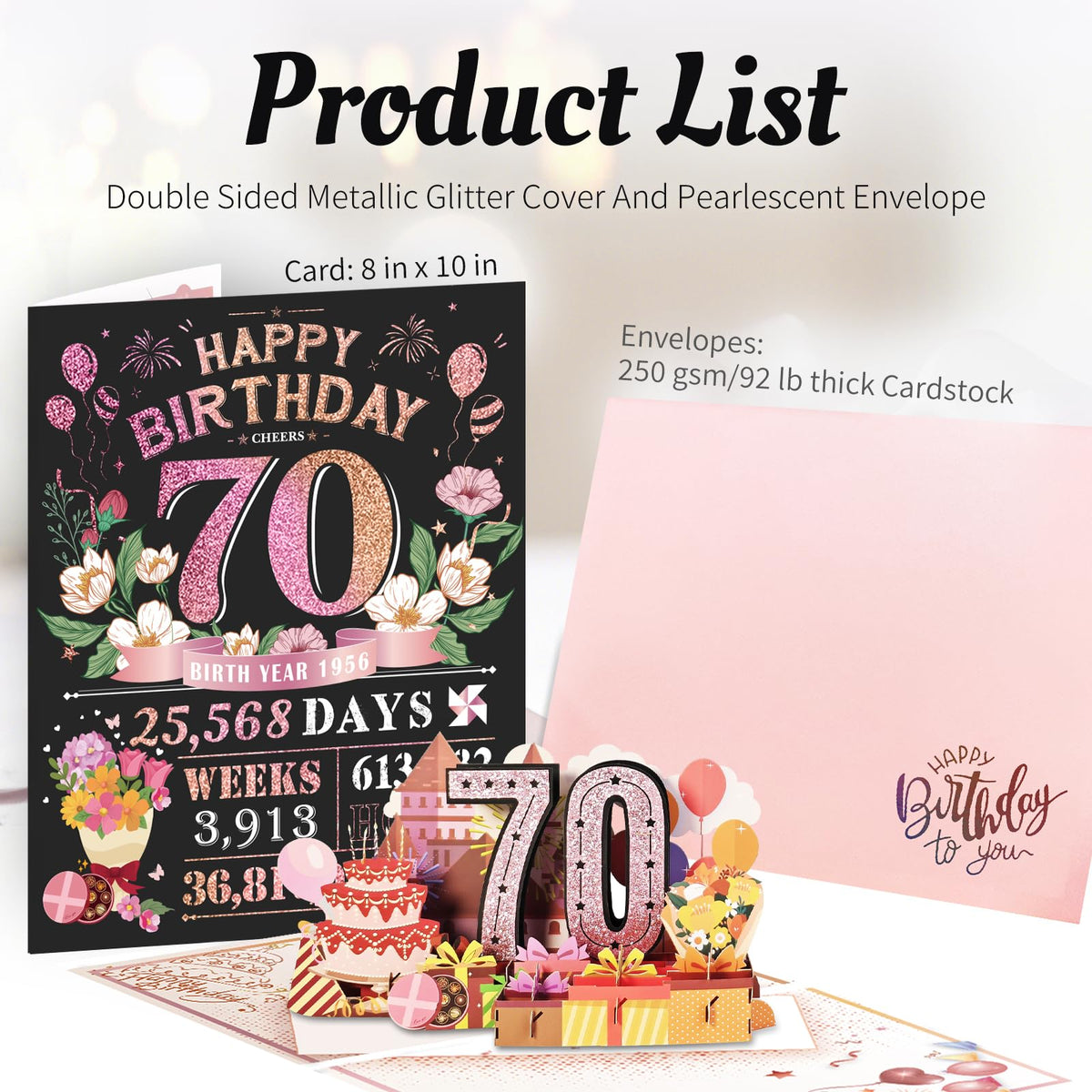 Aiunmiol 70th Birthday Card for Women Her, Large 3D Pop Up 70th Birthday cards for Mom Grandma, Happy 70 Year Old (Pack of 2)