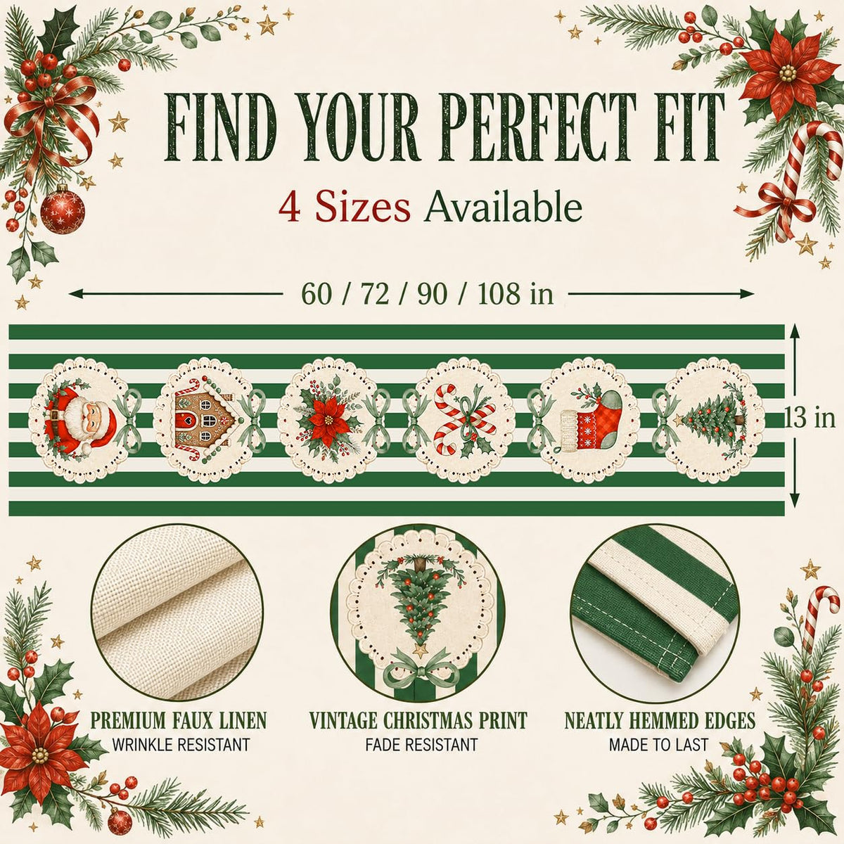 13 x 60 Table Runner for Holiday and Farmhouse Kitchen Decor - Green Stripe view 3
