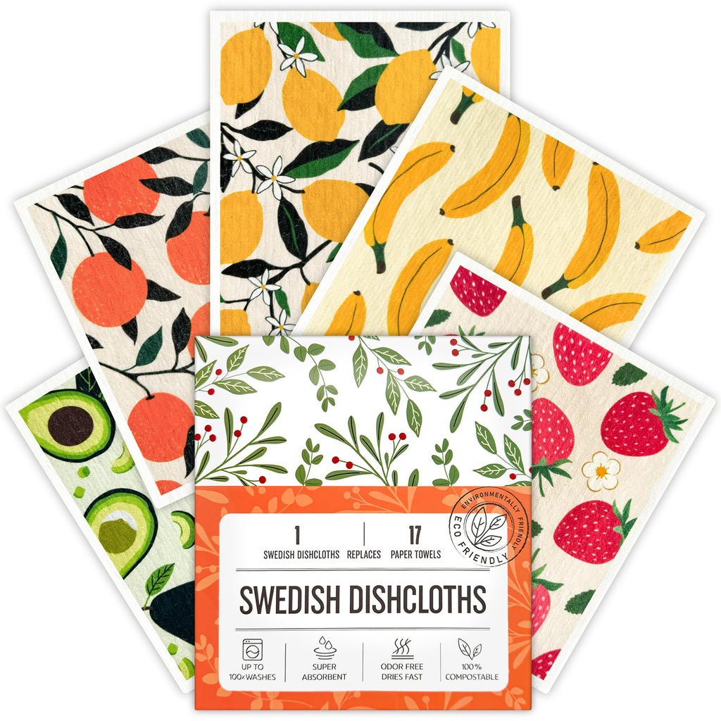 Augine Swedish Dishcloths for Kitchen, Reusable Paper Towel - 5 Count- Fruits