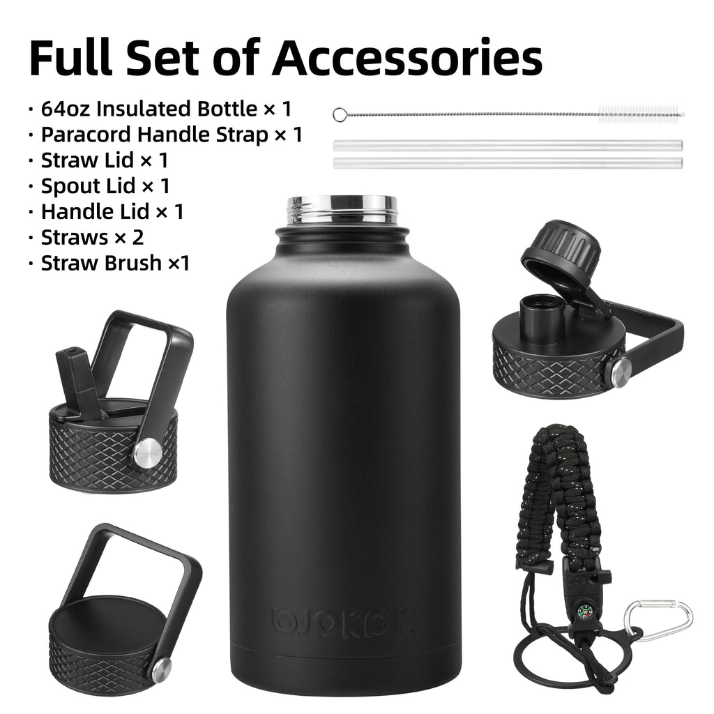 BJPKPK 64oz Insulated Water Bottle, Half Gallon Water Jug with Straw Lid (64A-black)