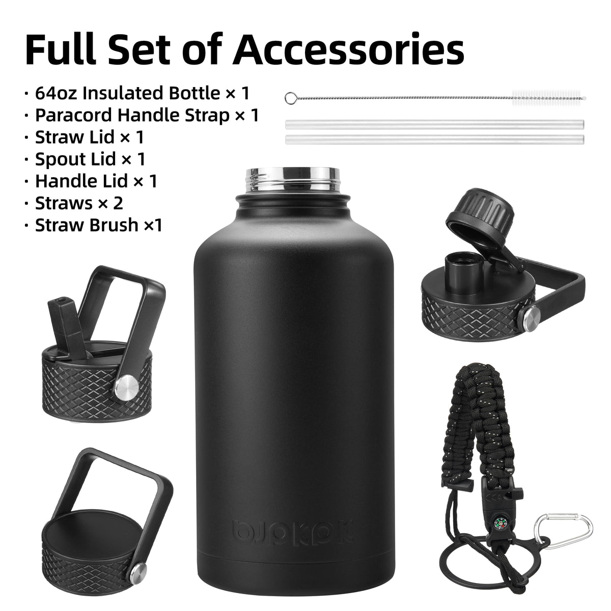 BJPKPK 64oz Insulated Water Bottle, Half Gallon Water Jug with Straw Lid (64A-black)