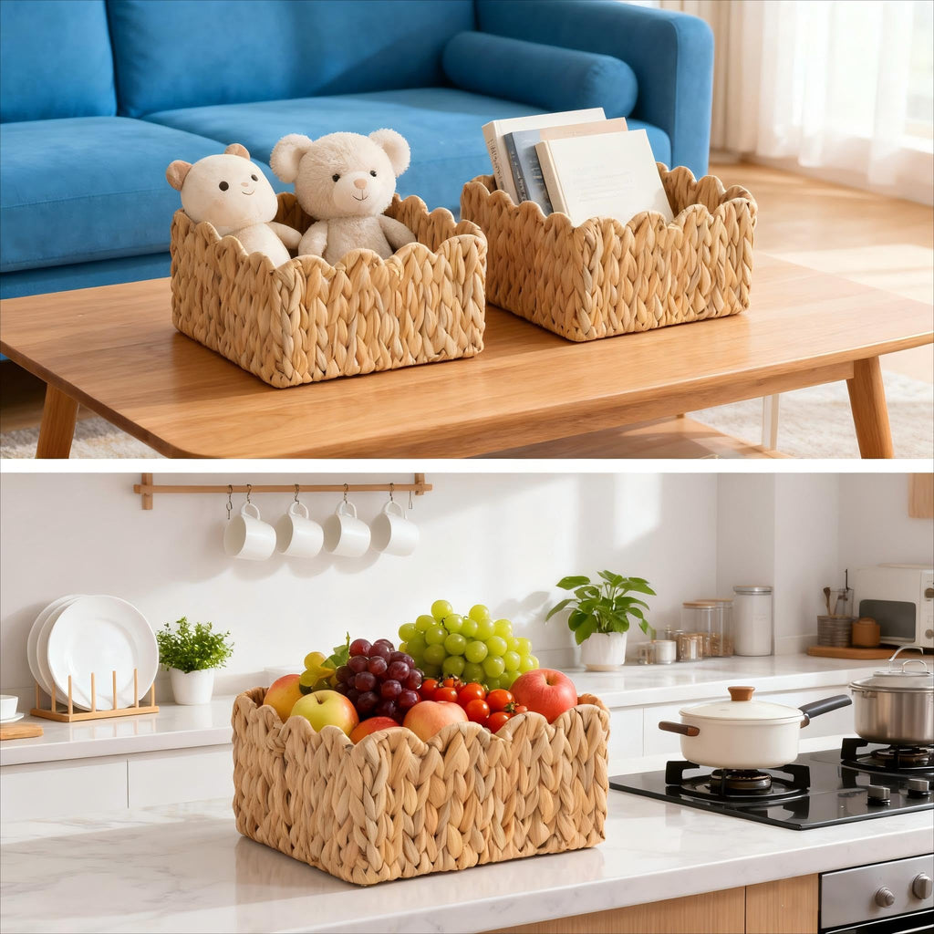 Scalloped Basket, Wicker Storage Baskets, Hand Woven Baskets for Shelves,Natural Baskets for Organizing - Light Beige / S view 4