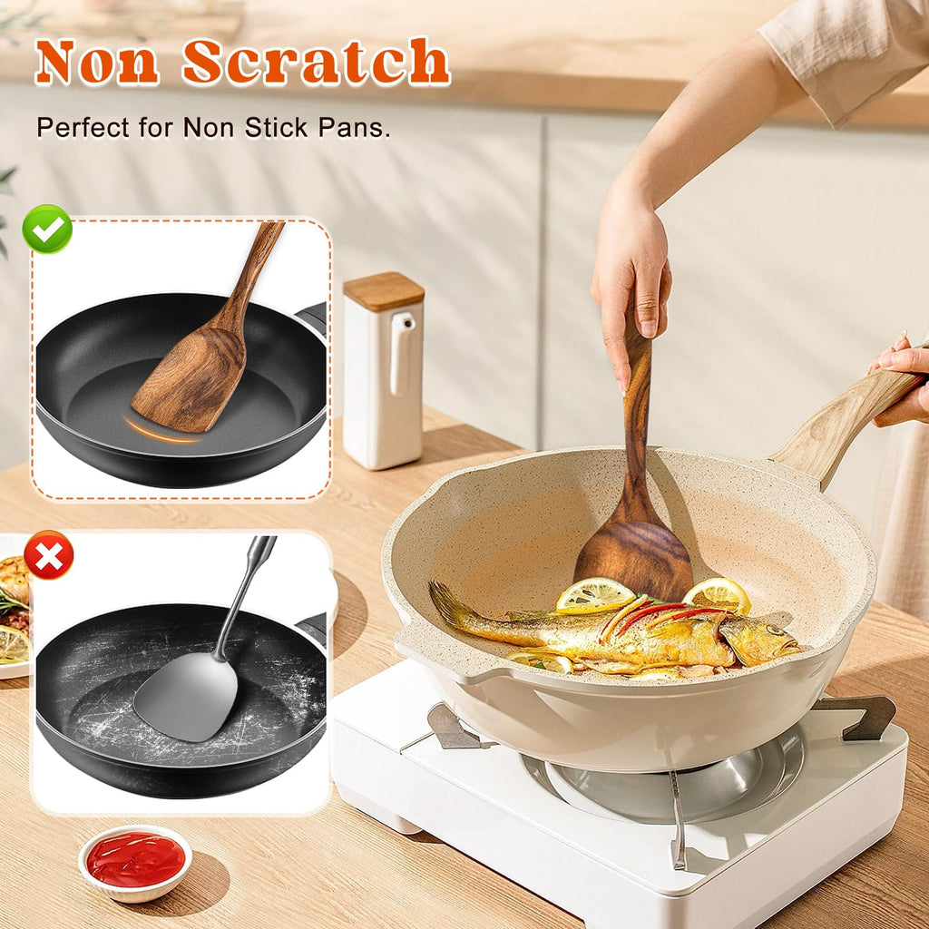 MemoGem 2Pcs Wooden Spatula, Acacia Solid & Slotted Turner Spatula Set, Long Handle Flat Frying Spatulas, Ideal Kitchen (Pack of 2)