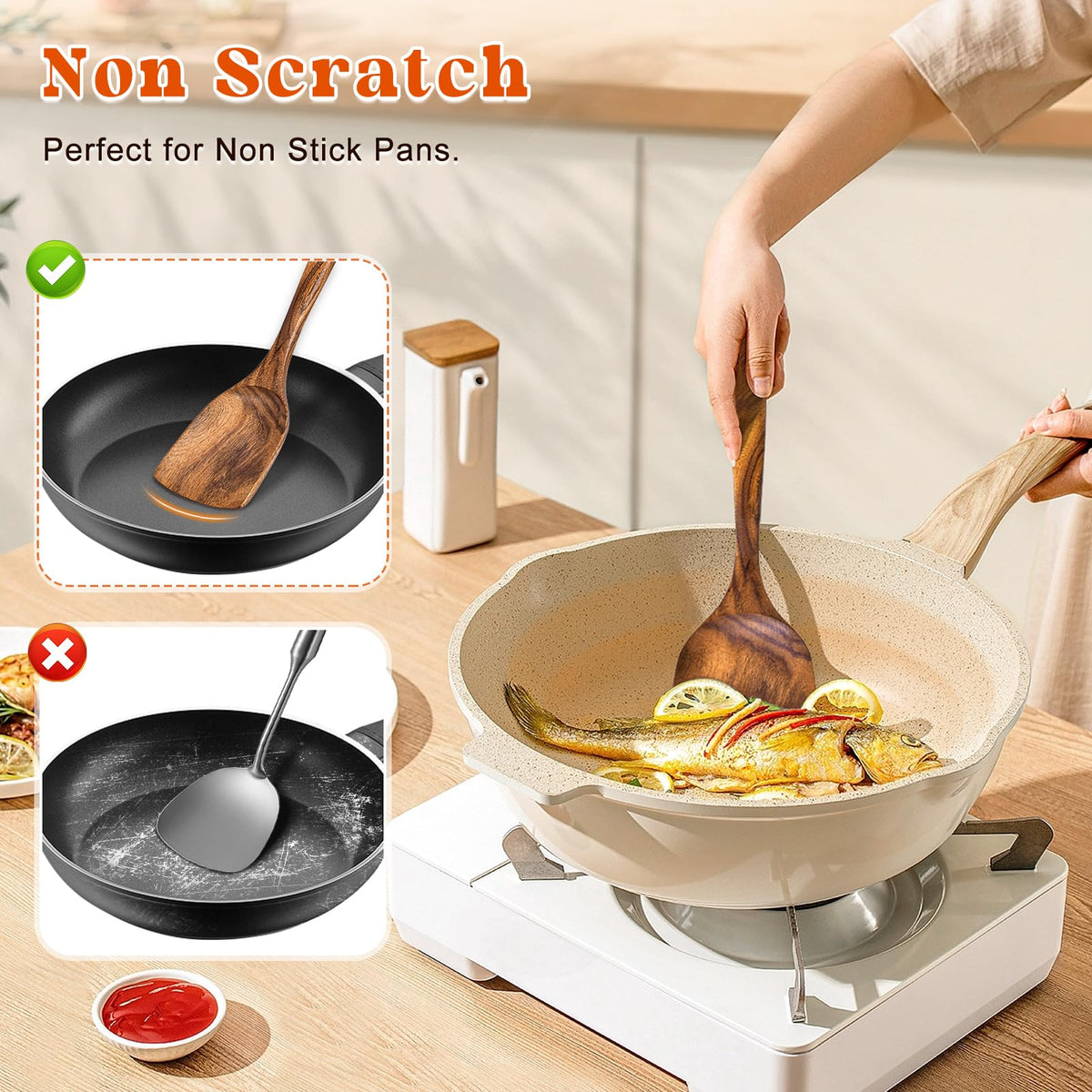 MemoGem 2Pcs Wooden Spatula, Acacia Solid & Slotted Turner Spatula Set, Long Handle Flat Frying Spatulas, Ideal Kitchen (Pack of 2)