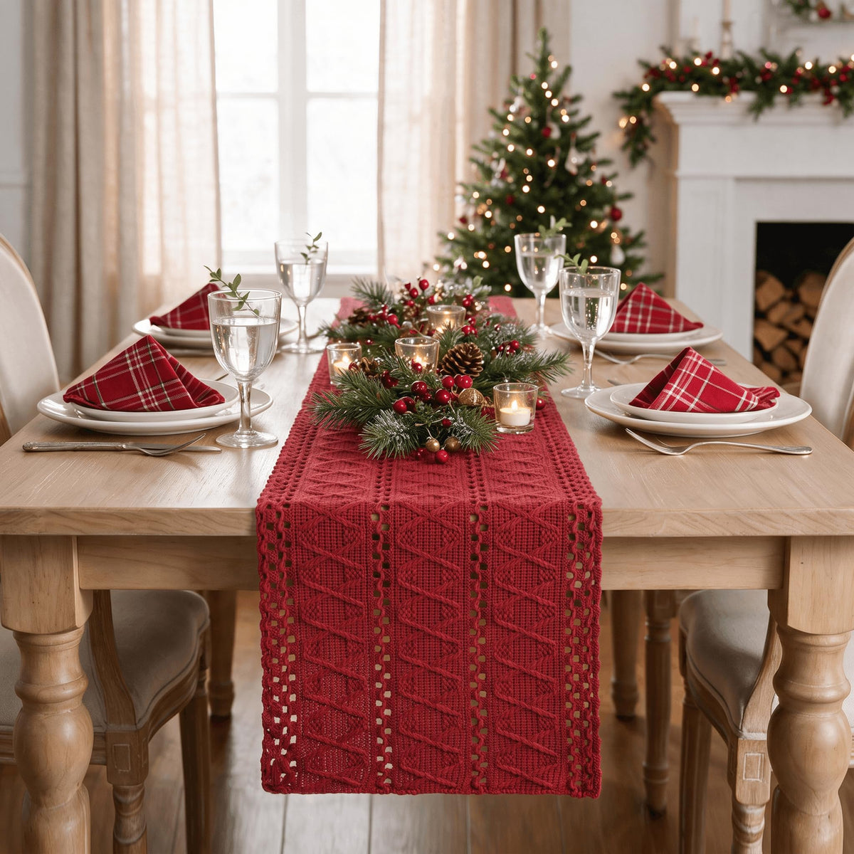Artoid Woven Farmhouse Hollow Table Runner - Rose Red / 12" x 48", Table Runner view 2
