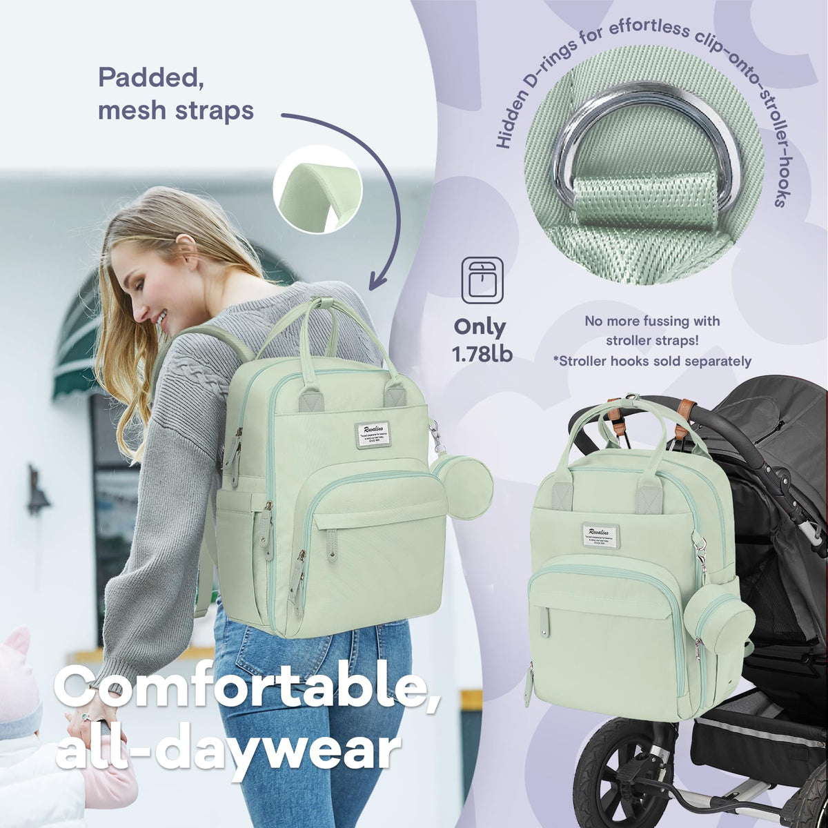 RUVALINO Diaper Bag Backpack-Multifunction Baby Travel Bag with Changing pad, Insulated Bottle Holders & Pacifier Case