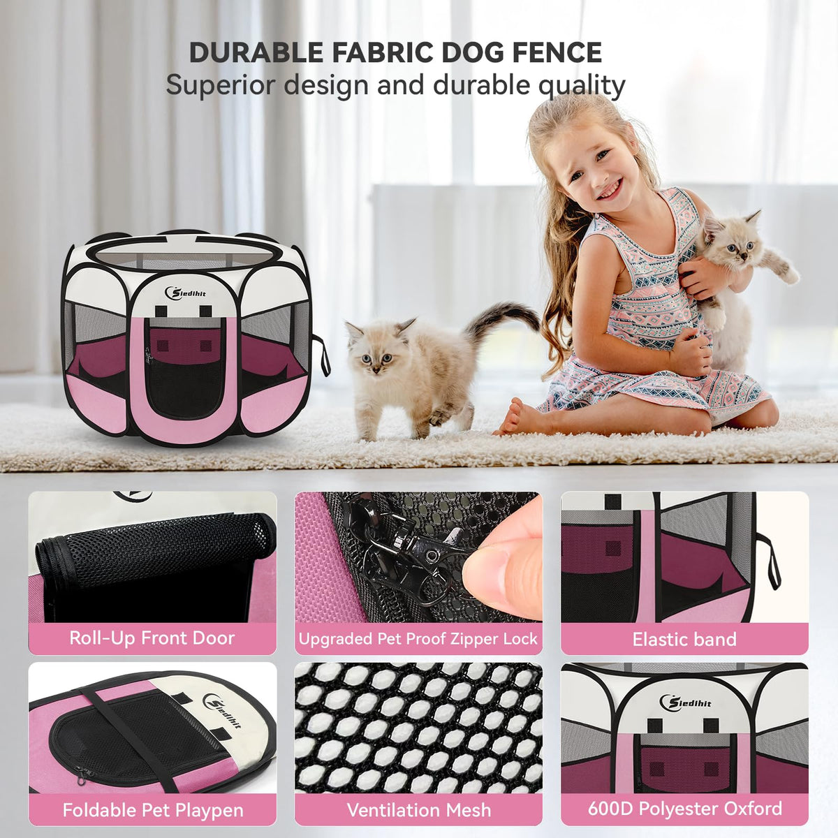 Siedihit Sieidihit Dog Cat Pet Playpen Puppy Crate Cage Indoor Outdoor, – Small Pink (SDUS1P1CWAG30S)