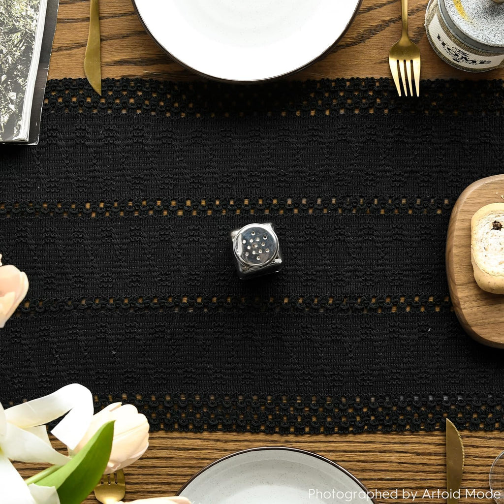 Artoid Woven Farmhouse Hollow Table Runner - Black / 12" x 120", Table Runner view 3