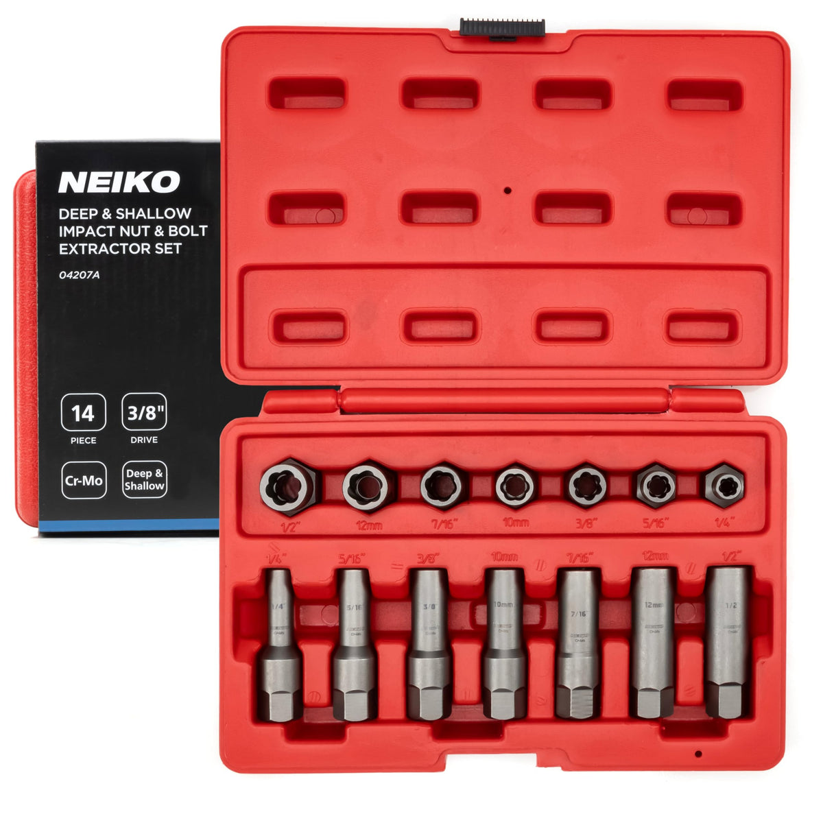 NEIKO 04207A Impact Nut & Bolt Extractor Set, 14 Piece Lug Nut Removal Tool, 3/8 Drive