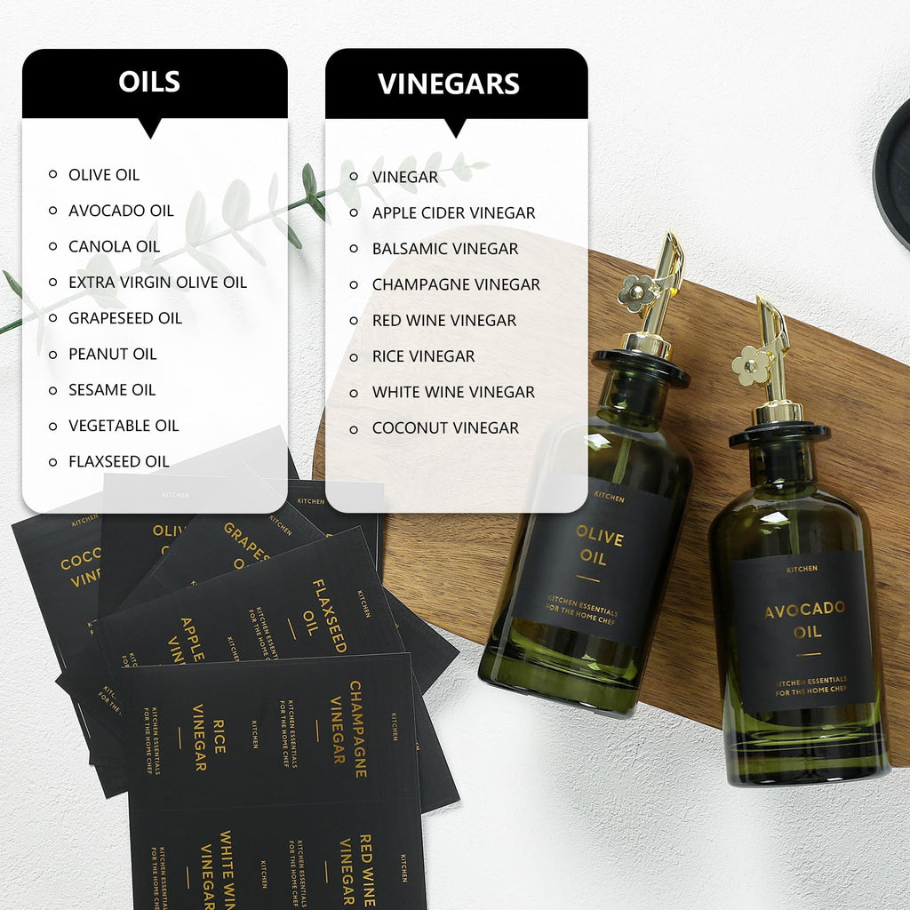 Olive Oil Dispenser for Kitchen, 2-Pack 12oz Glass Bottle - Olive-Green&Gold Labels view 4