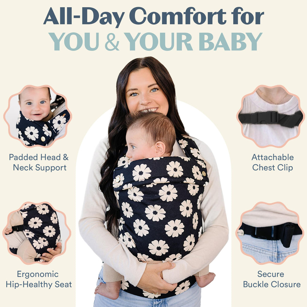 Ergonomic Hip-Healthy Baby Carrier, Front and Back Carry, 7-35 lbs - Black Floral view 3
