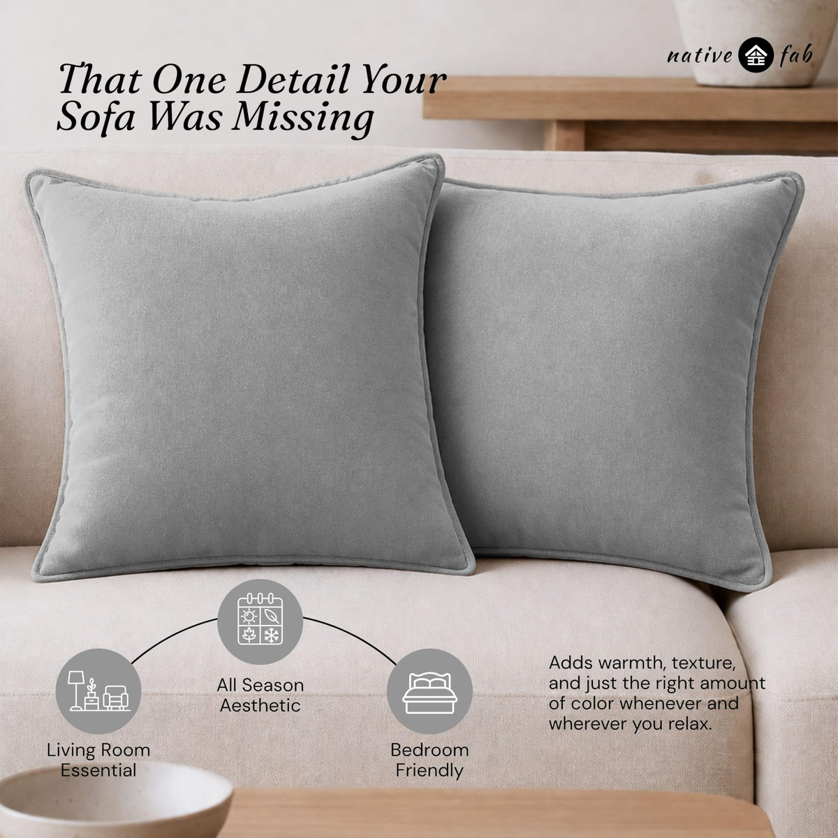 Native Fab Throw Pillow Cushion Cover for Sofa Couch Bed Comfort - Solid, Light Grey / 20" x 20" (Pack of 2) view 7