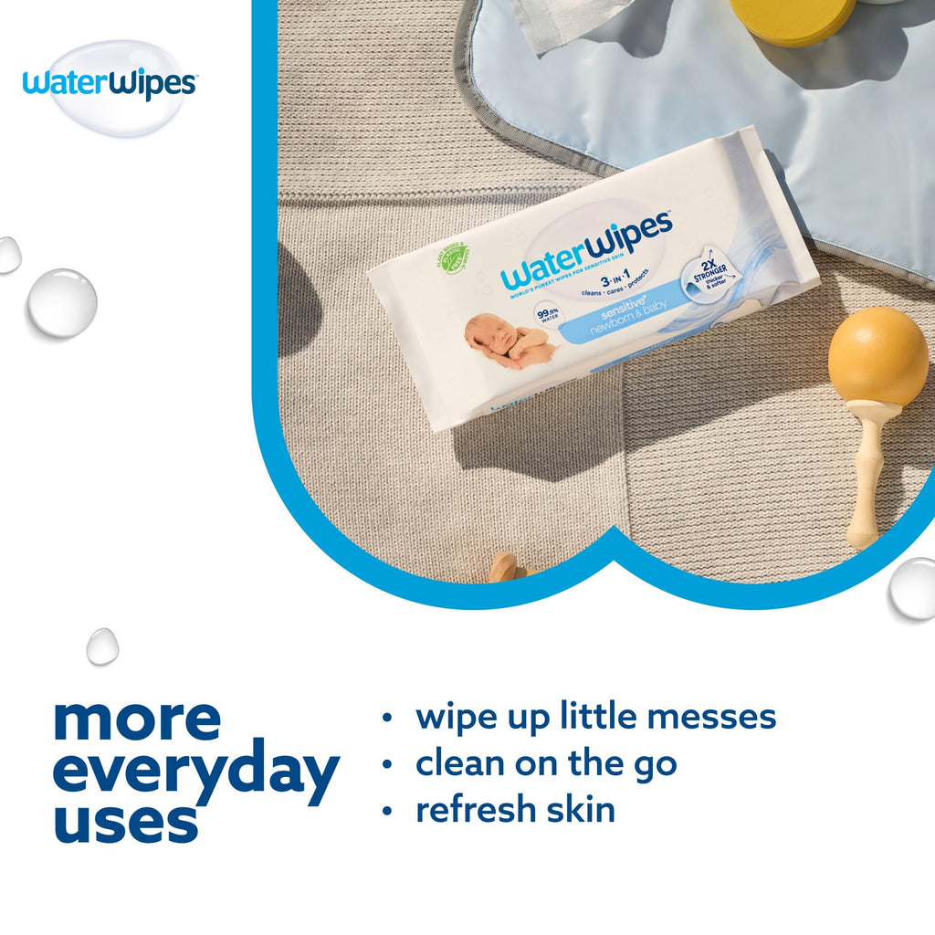 WaterWipes Sensitive+ Newborn & Baby Wipes, 3-In-1 Cleans, Cares, Protects, 99.9% Water, Unscented & Hypoallergenic (Pack of 5)