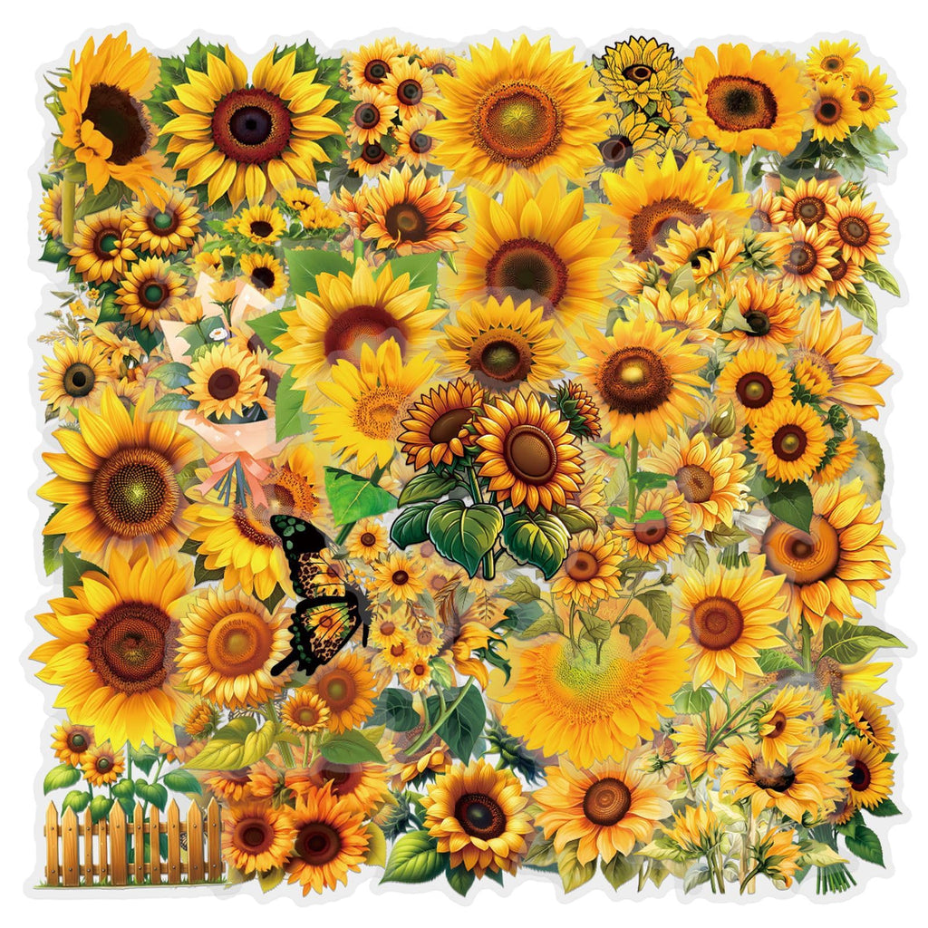 Sunflower Stickers 63Pcs Waterproof PET Sunflower Decals for Water Bottle Cartoon Plant
