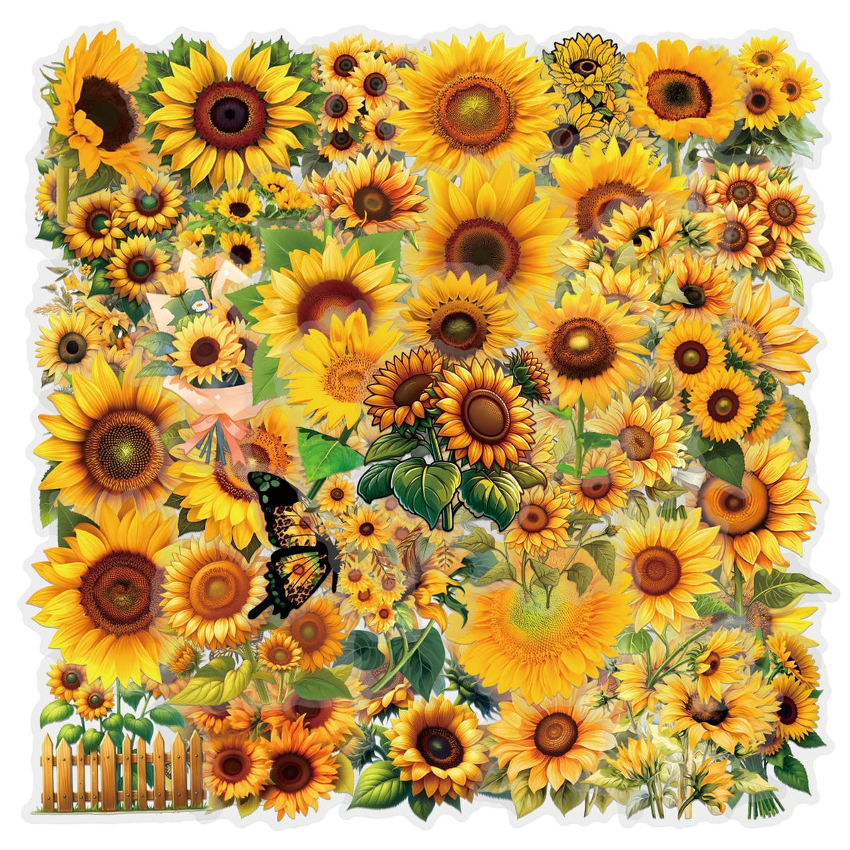 Sunflower Stickers 63Pcs Waterproof PET Sunflower Decals for Water Bottle Cartoon Plant