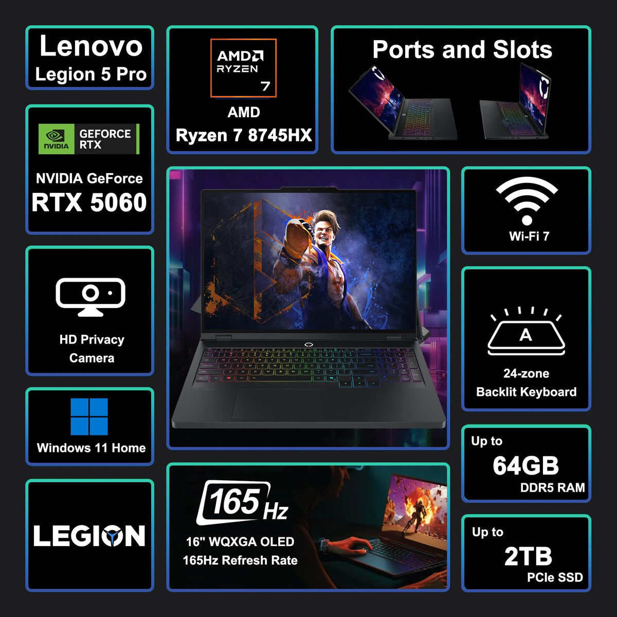 Lenovo Legion 5 Pro Gaming AI Laptop 16" WQXGA OLED 165Hz 1100nits HDR Peak AMD 8-core Ryzen 7 8745HX