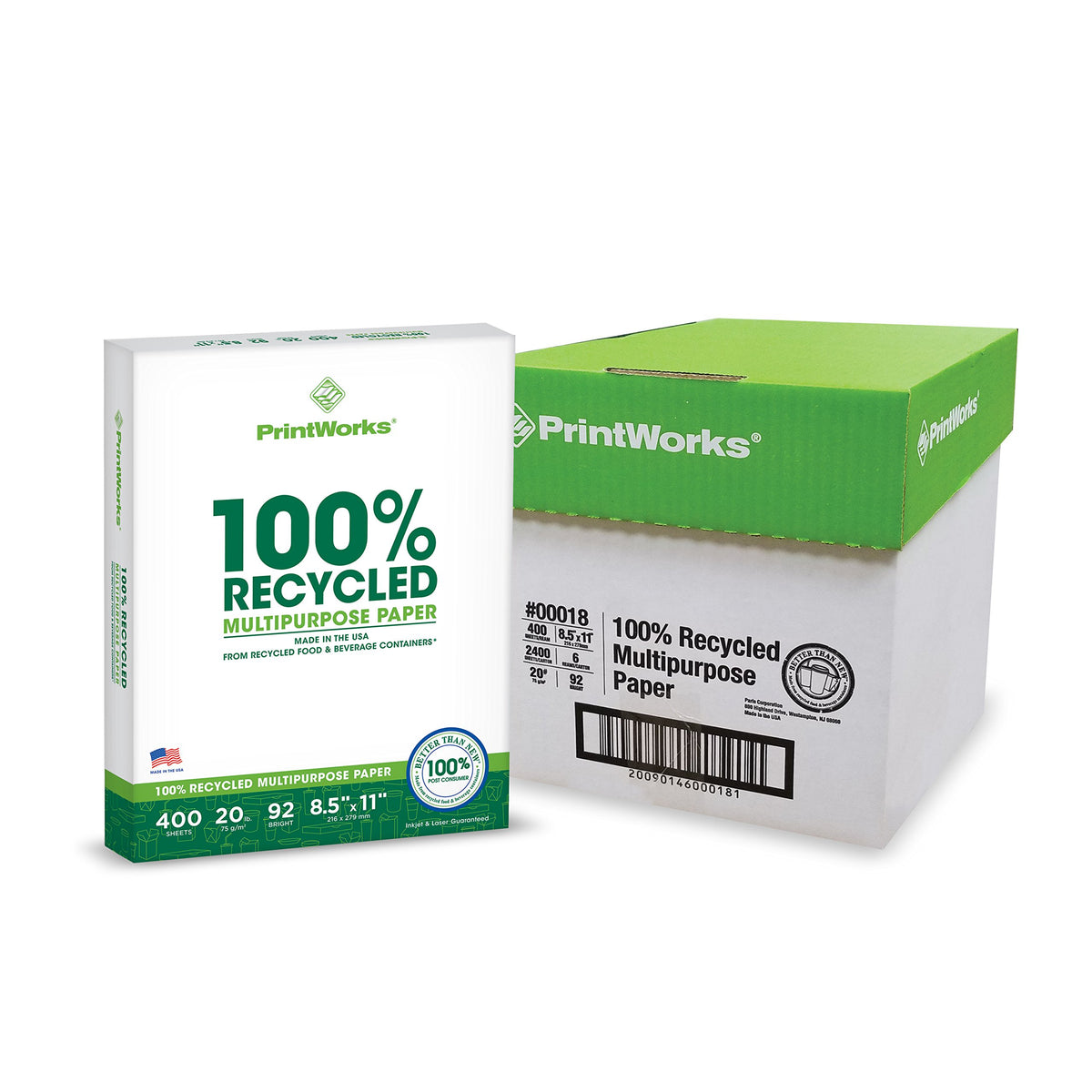PrintWorks 100% Recycled Printer Paper 8.5" x 11" White - 20 lb Copy & Multipurpose Computer Paper - 2400 (Pack of 80)