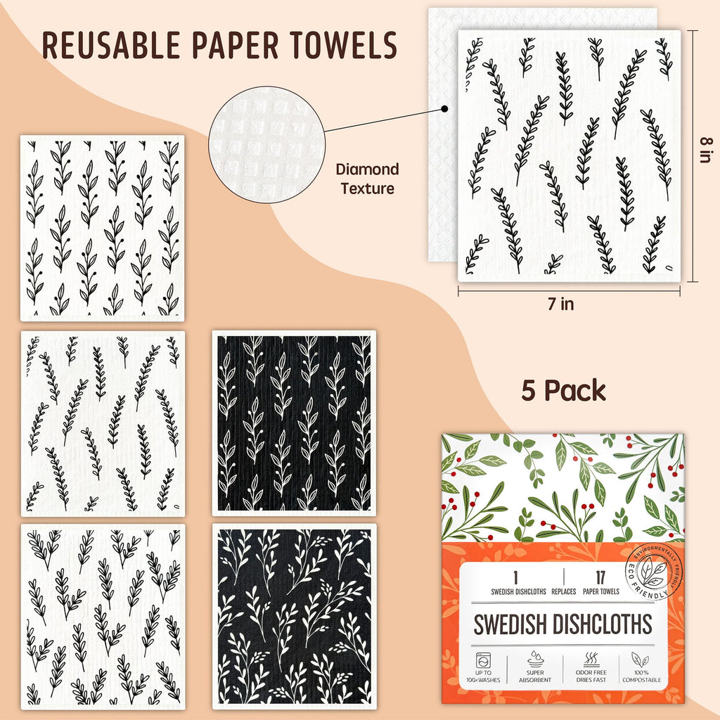Augine Swedish Dishcloths for Kitchen, Reusable Paper Towel - 5 Count- Black and White view 1