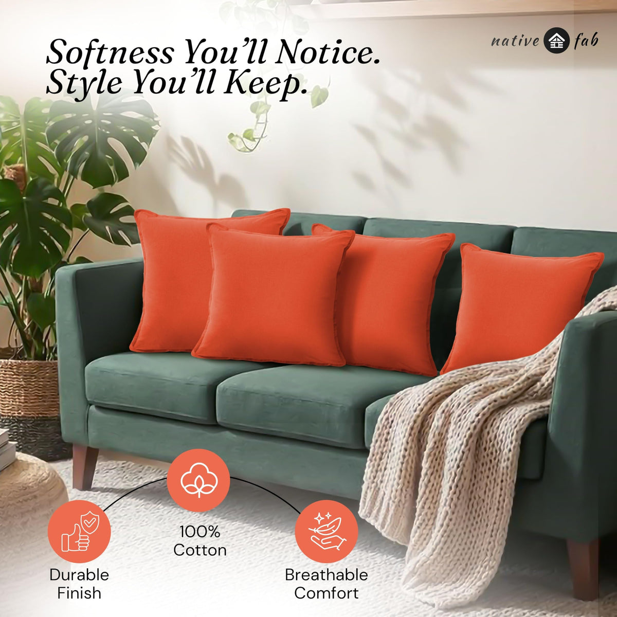 Native Fab Throw Pillow Cushion Cover for Sofa Couch Bed Comfort - Solid, Orange / 16" x 16" (Pack of 2) view 8