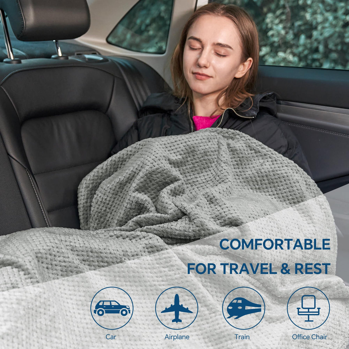 BEDELITE Travel Blanket with Bag, Jacquard Fleece Blanket 65"x40" - Grey view 6