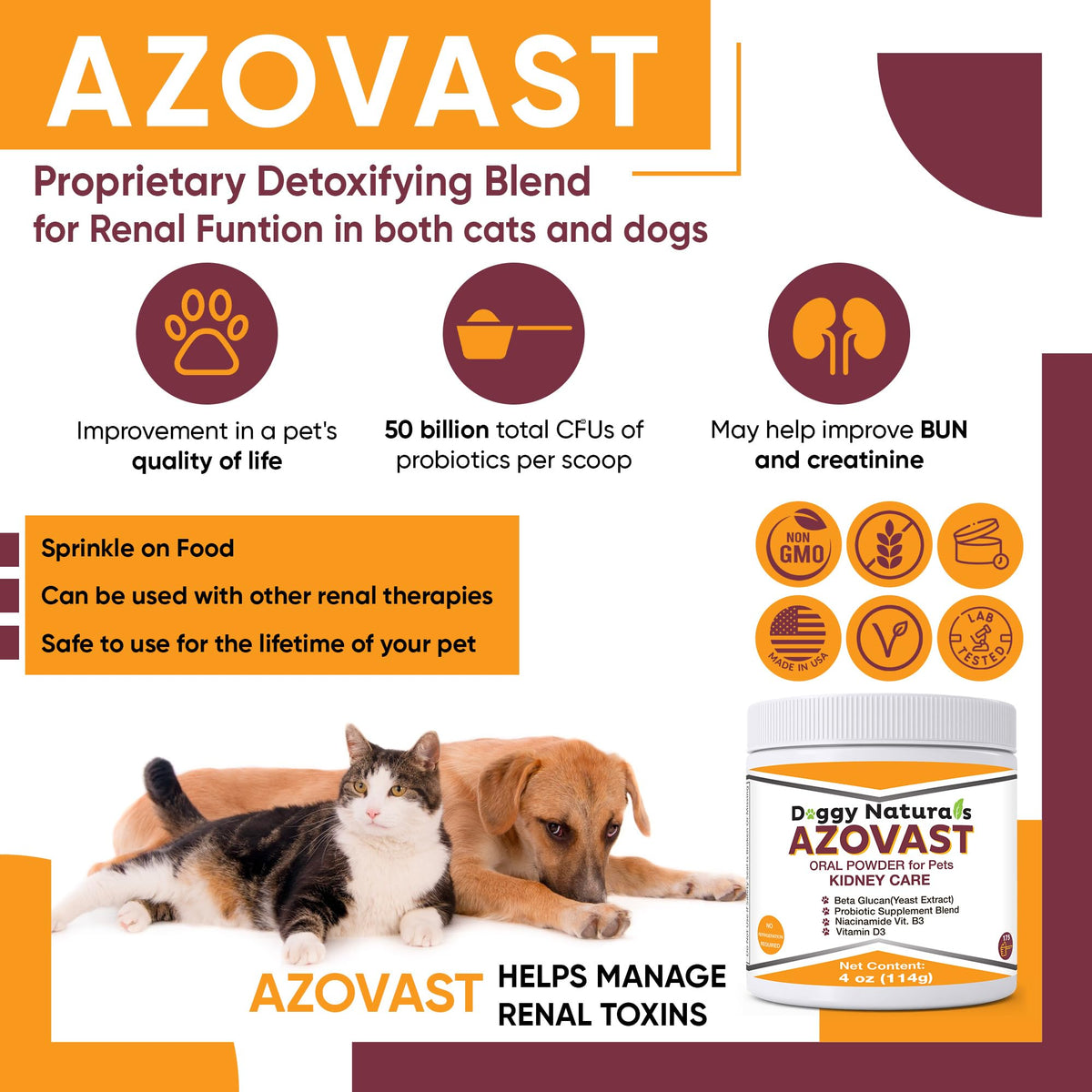 Pet Health Pharma Azovast Powder Kidney Restores & Kidney Powder for Dogs & Cats, (4 Oz) - (175 Scoop/Jar) NO