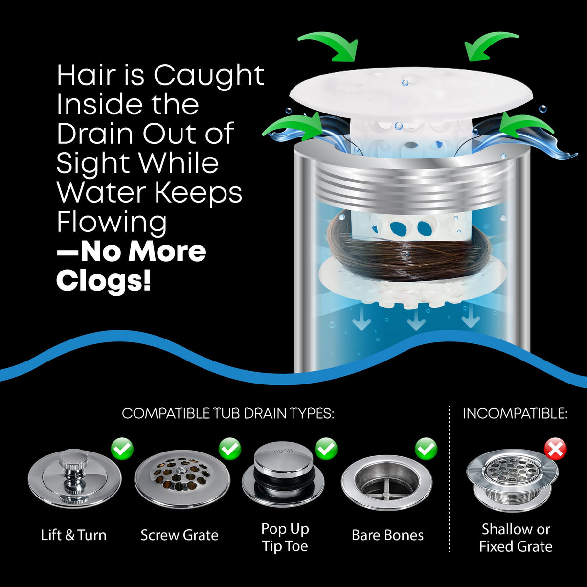TubShroom The Revolutionary Tub Drain Protector Hair - Clear view 2