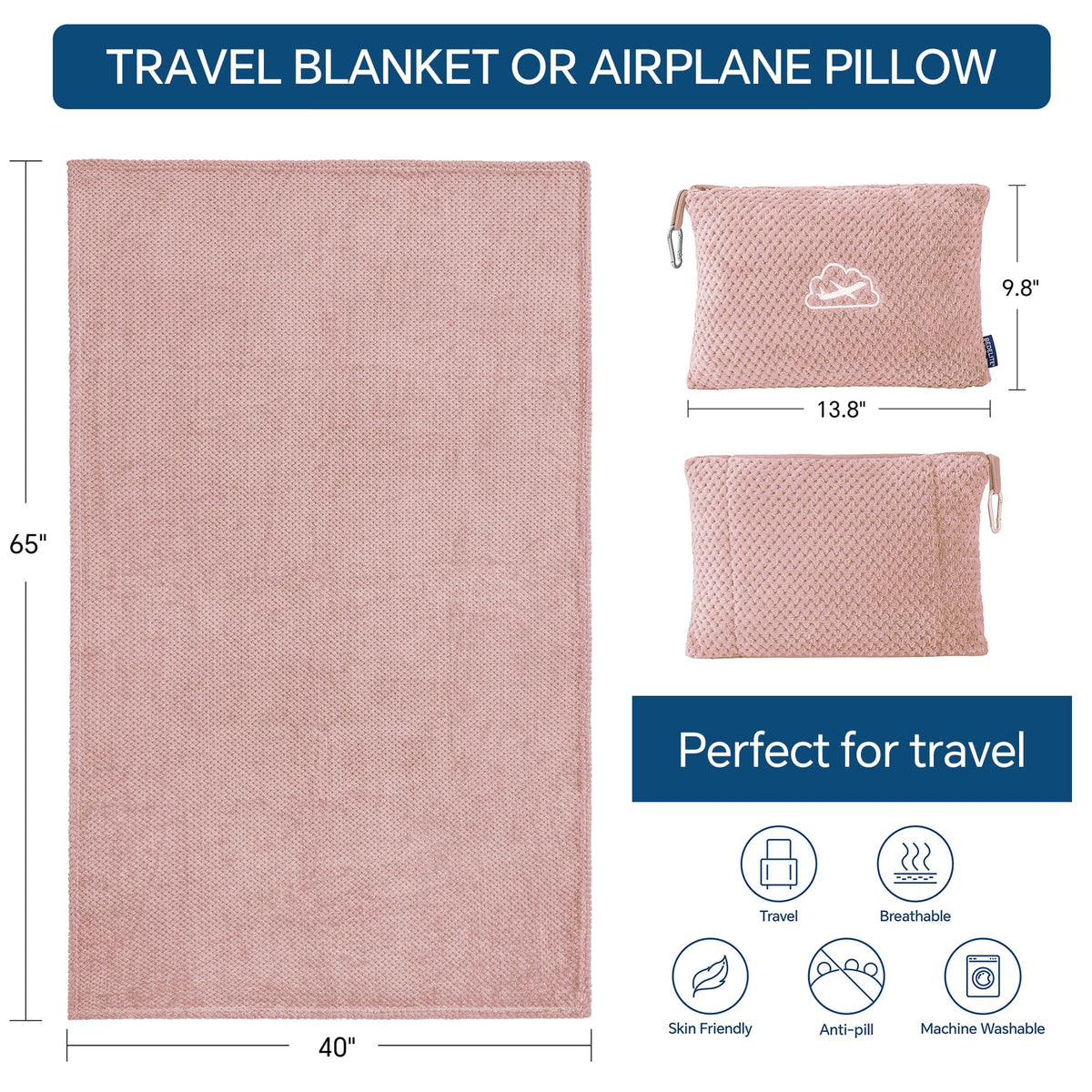 BEDELITE Travel Blanket with Bag, Jacquard Fleece Blanket 65"x40" - Pink view 4