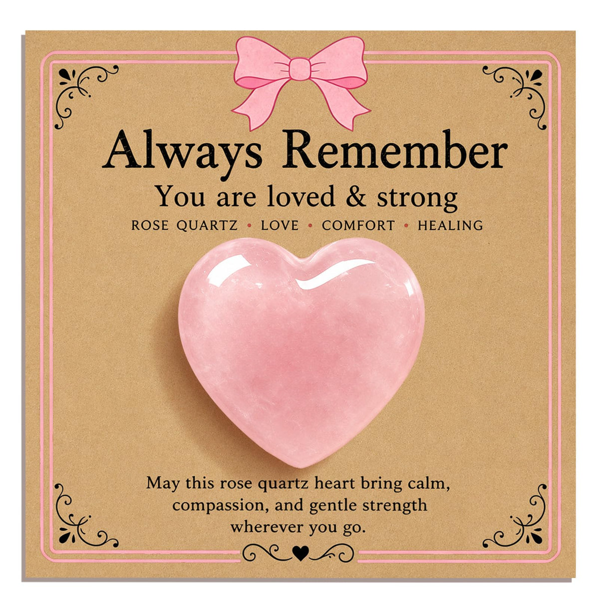 Odrano Rose Quartz Heart Gift with Inspirational Message Card, Pocket Hug for Love
