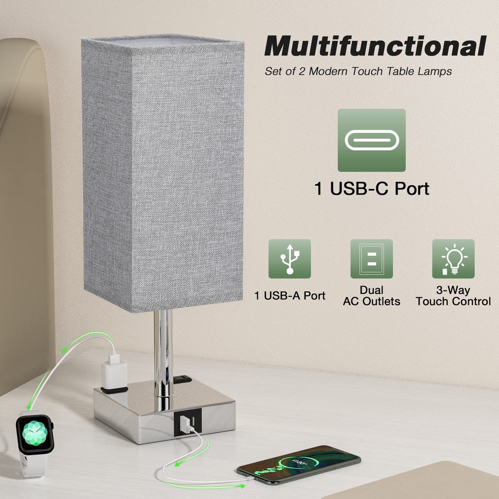 aooshine Set of 2 Touch Lamps with USB-C Port - Grey Shade-Silver Base view 4