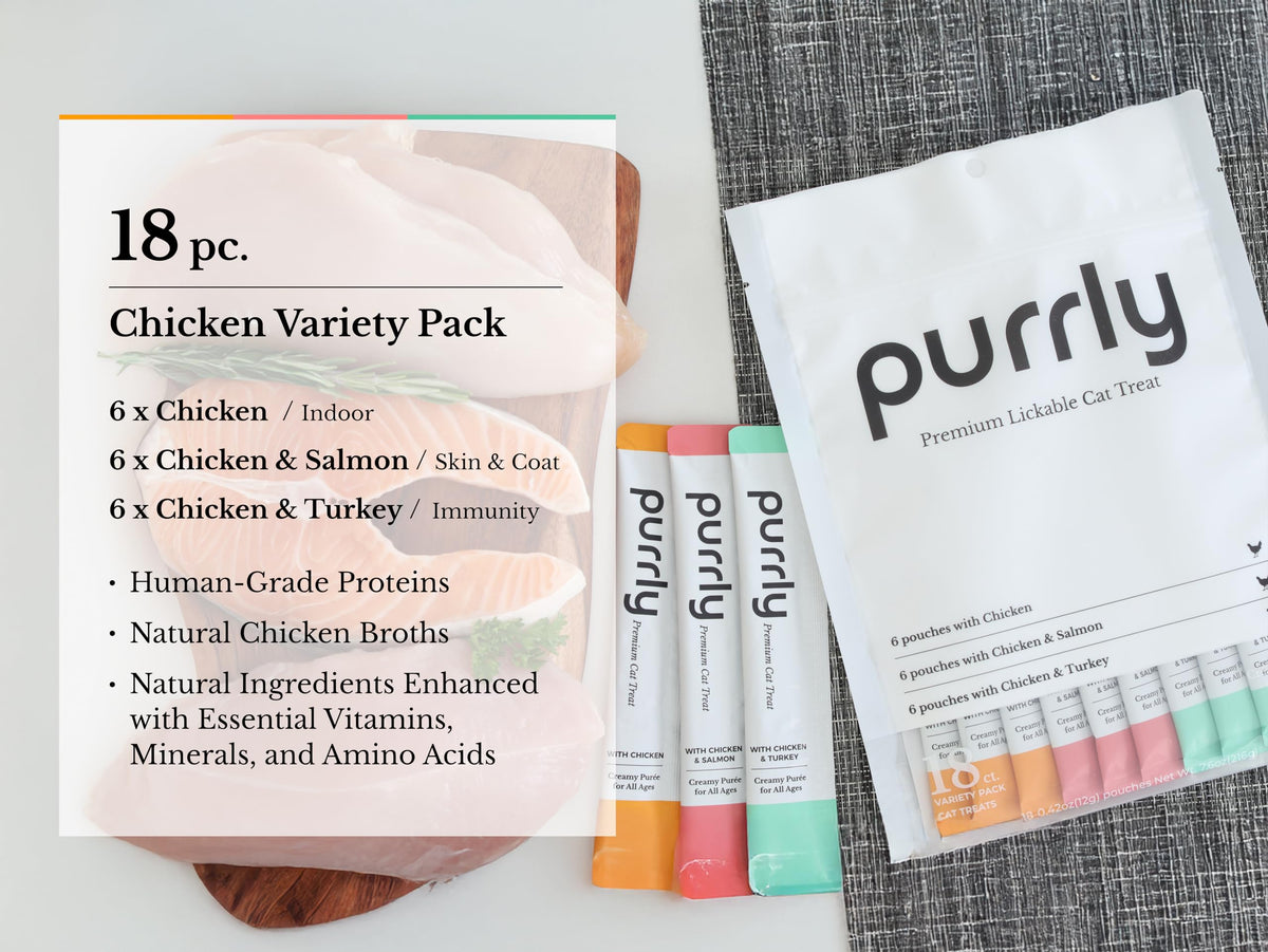 Purrly Lickable Wet Cat Treats Healthy Grain-Free Chicken Variety Pack (18 Count) Squeezable Creamy Purée with (Pack of 18)