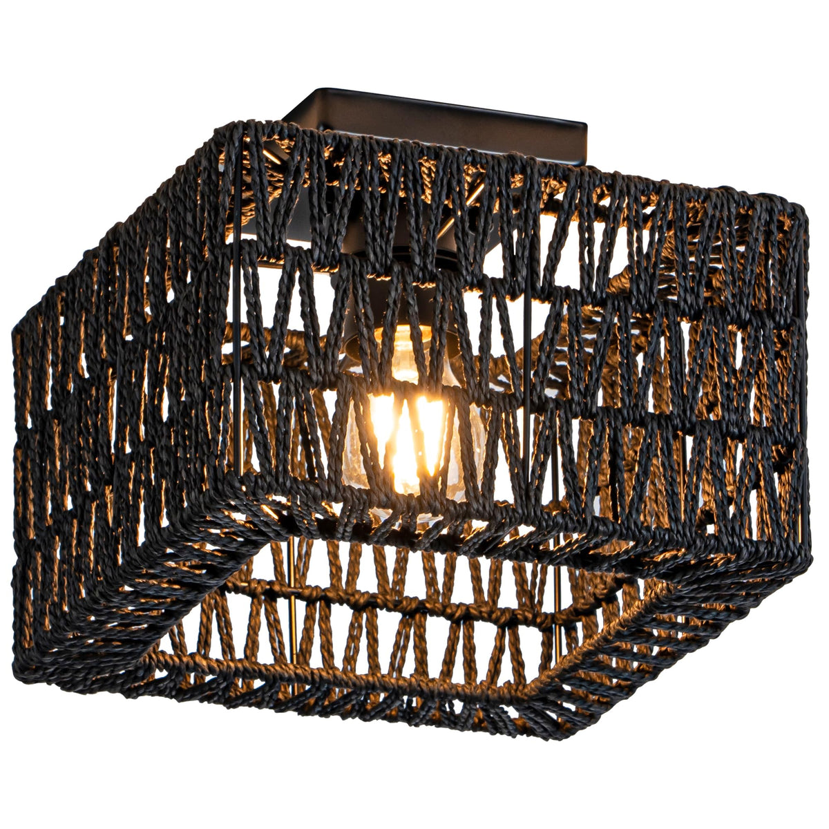 Rpzloila Rattan Ceiling Light, Black Boho Light Fixture, Square Flush Mount Ceiling Light