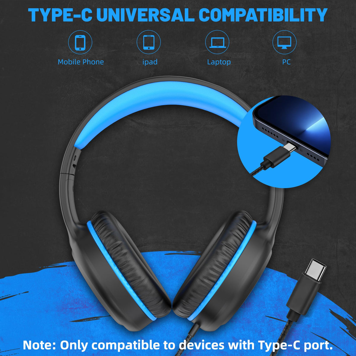 UKELALA U2C Type C Headphones - Black/Blue view 2
