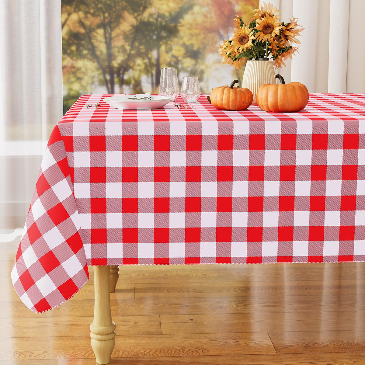 misaya Vinyl Buffalo Flannel Backed Tablecloth for Dinner, Kitchen, Outdoor - Red and White / 1 / 70" x 52" (Rectangular)