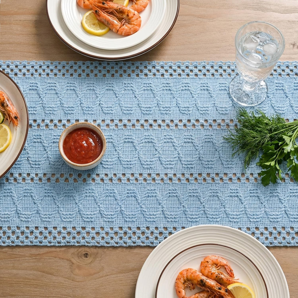 Artoid Woven Farmhouse Hollow Table Runner - Sky Blue / 12" x 48", Table Runner view 3