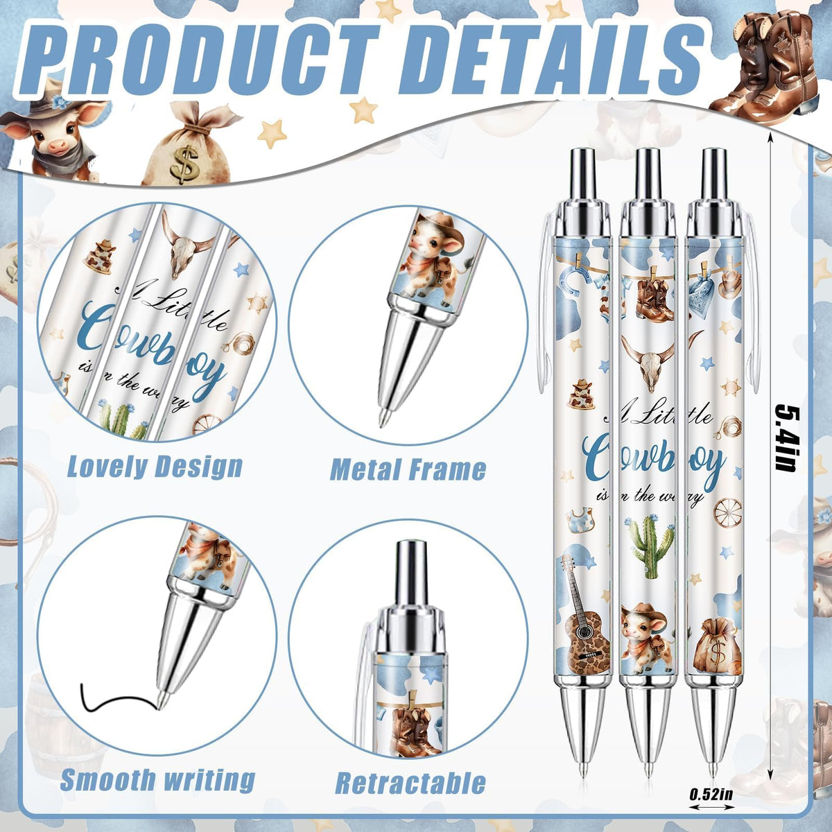 EYNDYN 145 Pieces Baby Shower Favors Ballpoint Pens and Keychains Gifts Bulk Retractable Pens Gender Reveal Cards Souvenirs - 36 / Cowboy view 1