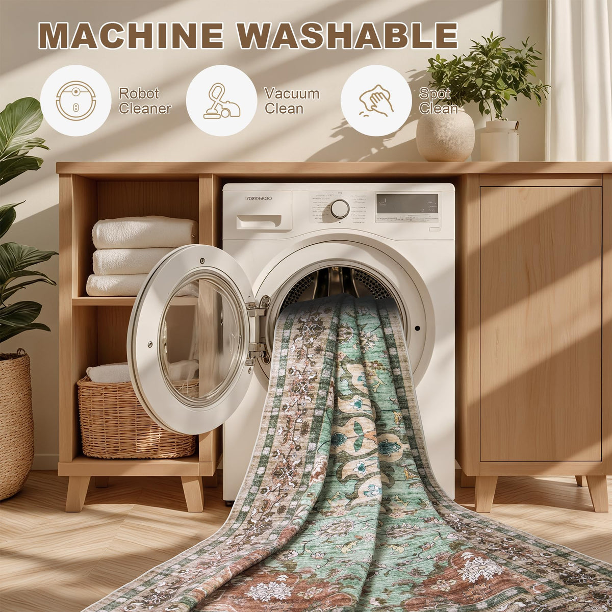 ExpediX Round Area Rug for Living Room: 6ft Boho Washable Rug – Brown Green