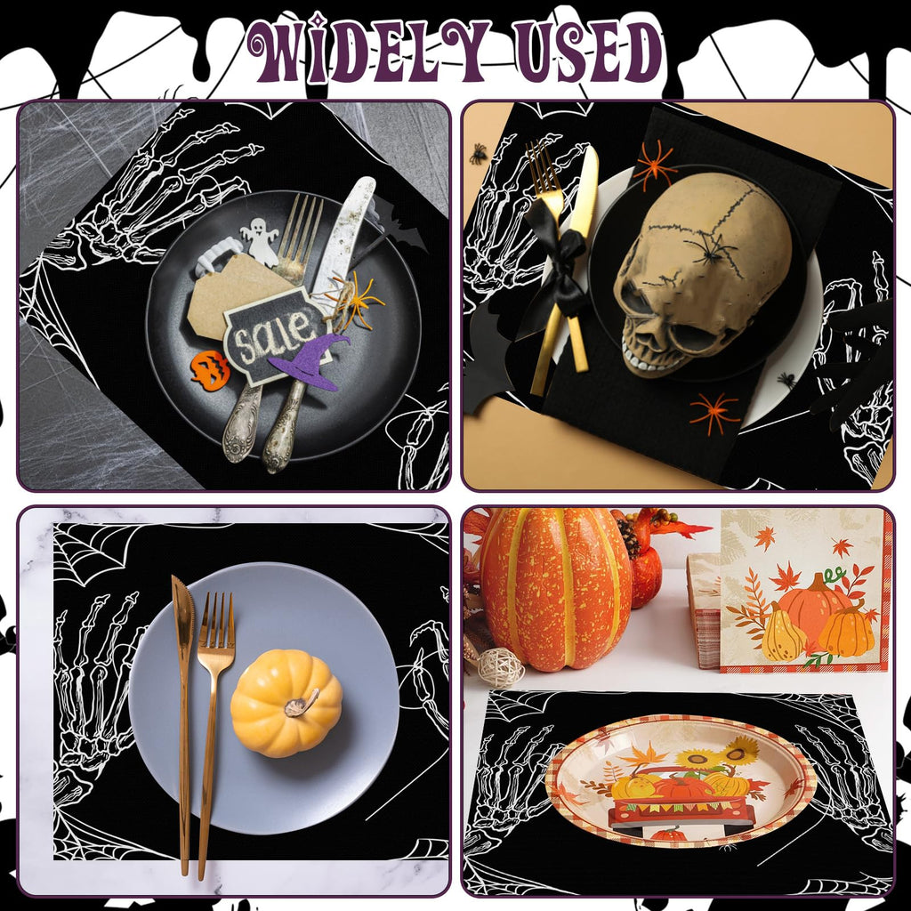 HINGTAI 4Pcs Halloween Skeleton Spooky Spider Black Placemats Set of 4, Suitable for (additional view 6)