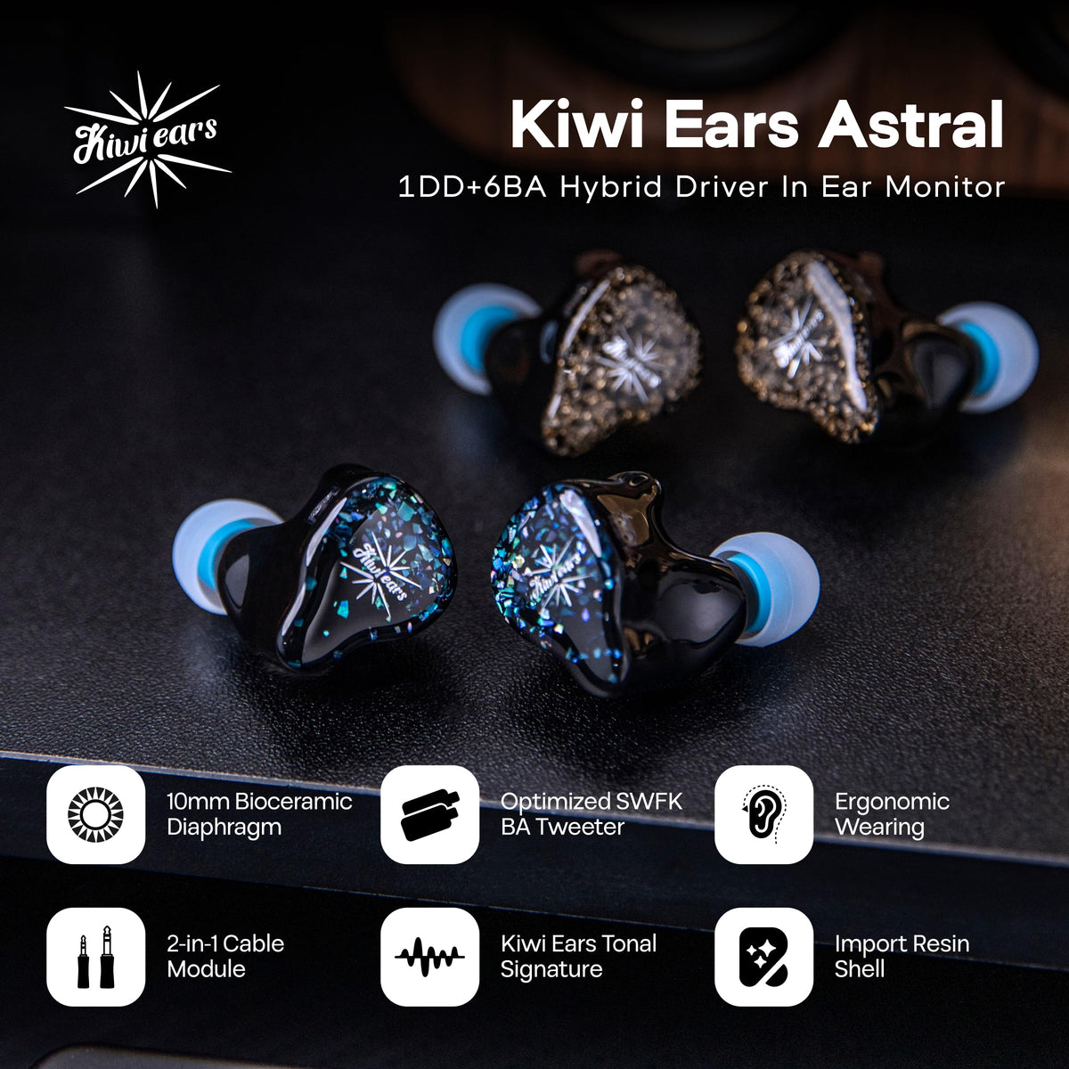 Linsoul Kiwi Ears Astral 1DD+6BA Hybrid in Ear Monitor - Blue view 1