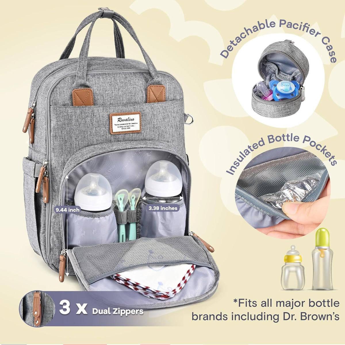 RUVALINO Baby Diaper Bag Backpack with Changing Pad, Waterproof, – XL Gray (YW168)