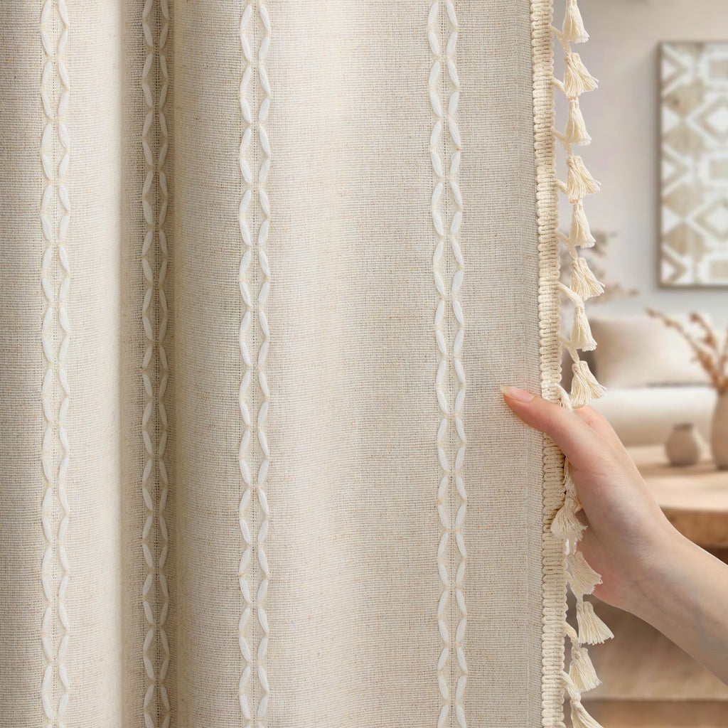 XOGUIBO Pinch Pleated Look Blackout Curtains 84 Inch Length, 2 Panels Linen Textured Boho Neutral Drapes for Living (Pack of 2)
