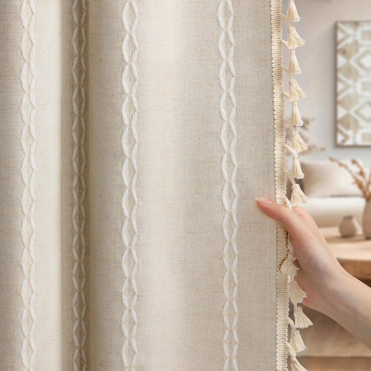 XOGUIBO Pinch Pleated Look Blackout Curtains 84 Inch Length, 2 Panels Linen Textured Boho Neutral Drapes for Living (Pack of 2)