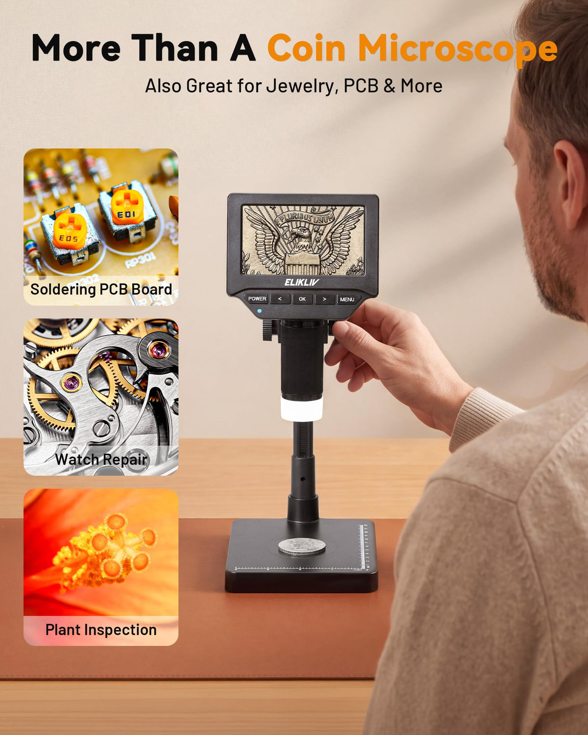 Elikliv Microscope, 4.3'' Digital Coin Magnifier with Lights for Adults (EDM4S)