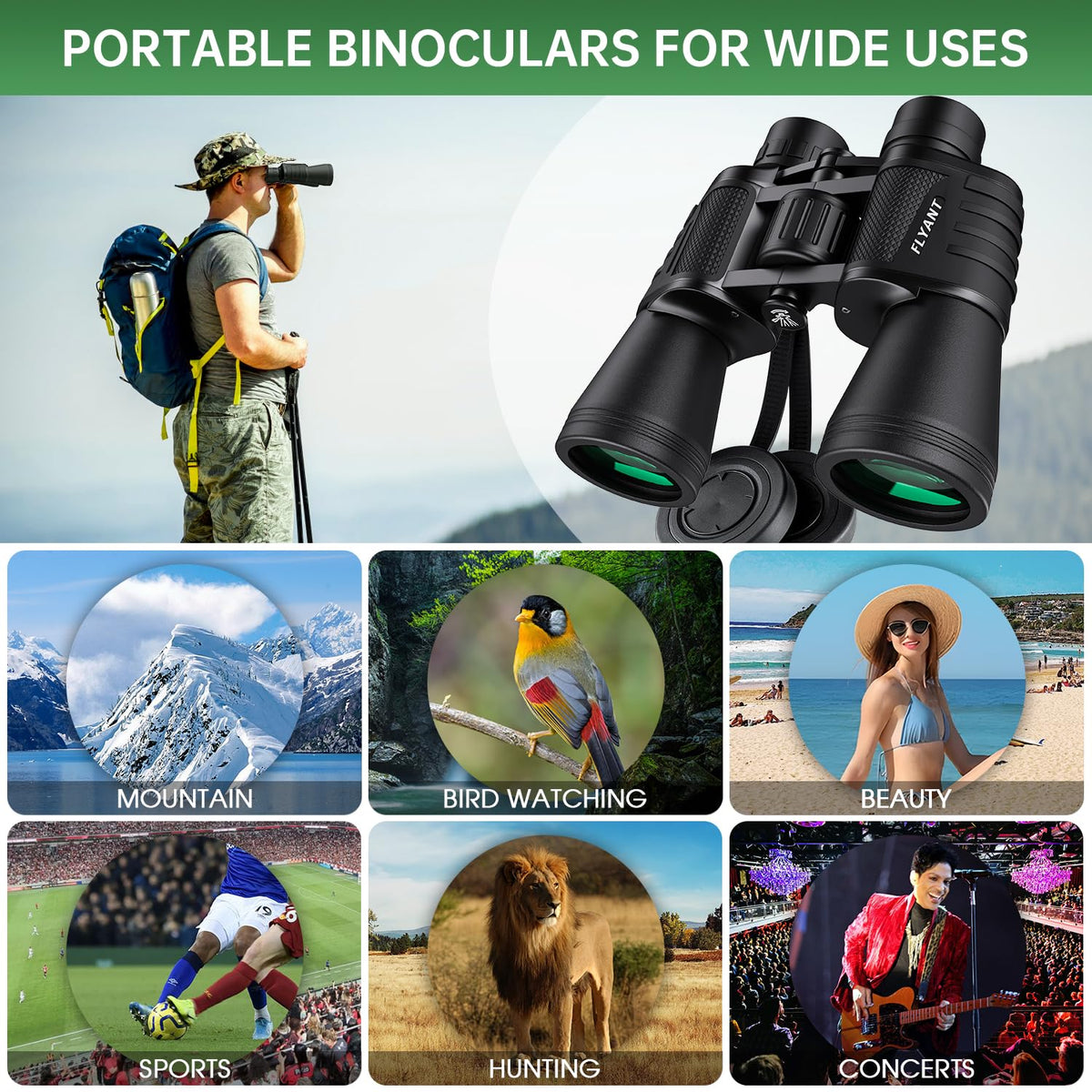 FLYANT 20x50 High Powered Binoculars for Adults, Waterproof Compact Binoculars with Low Light Vision for Bird Watching